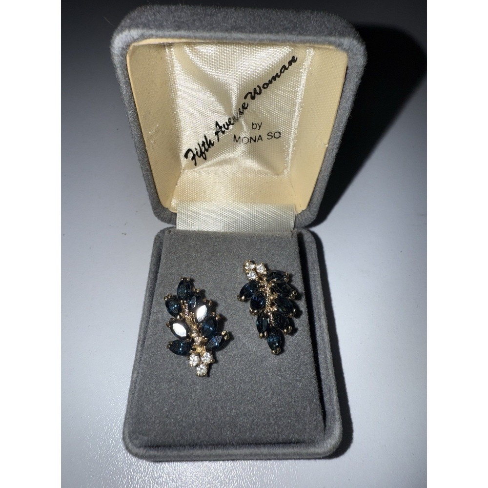 VTG Fifth Avenue Women By Mona So Blue And‎ Clear CZ Pierced Earrings Gold Tone